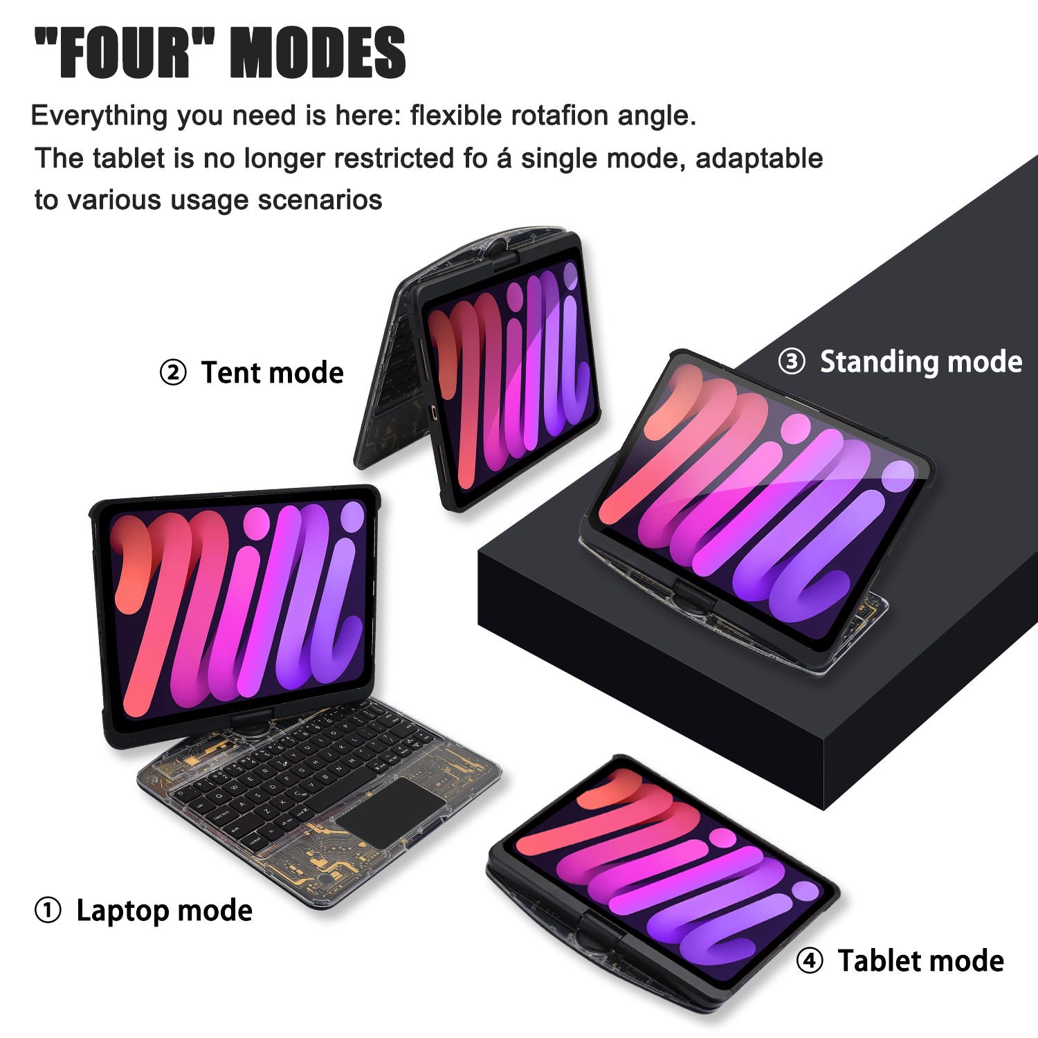 Unique 360 Transparent Black 360° Rotating iPad Keyboard Case